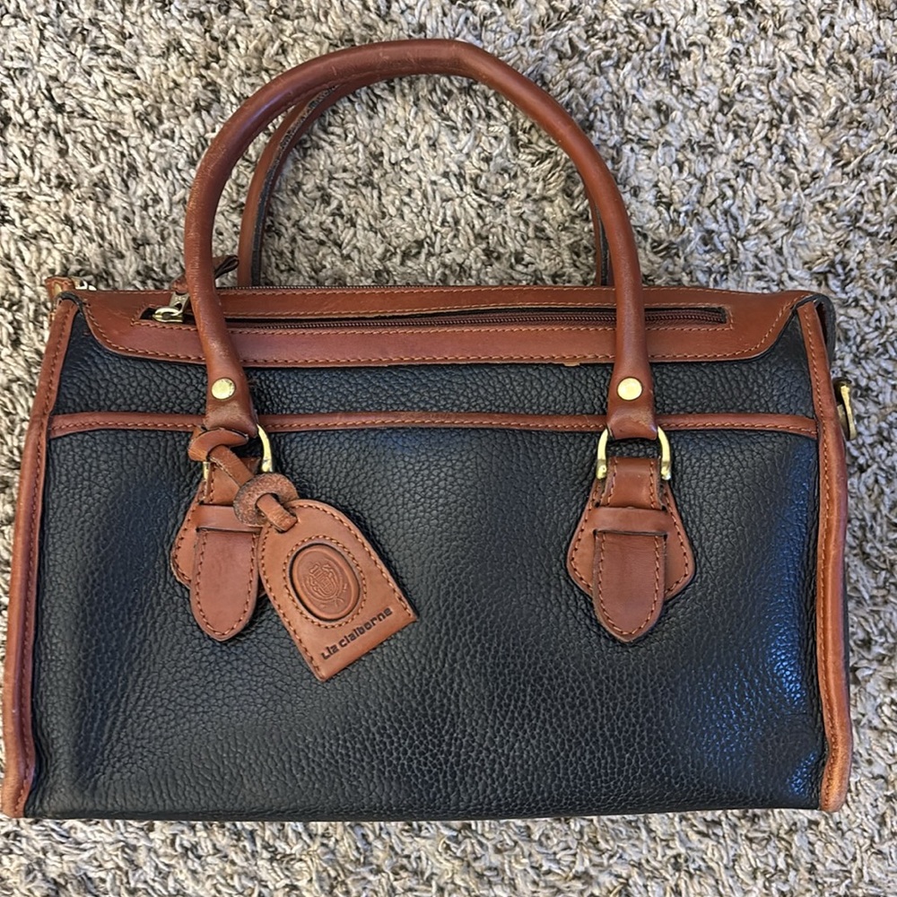 Vintage 80s Liz Claiborne‎ 100% Black & Tan Leather Satchel/Shoulder Bag/Purse